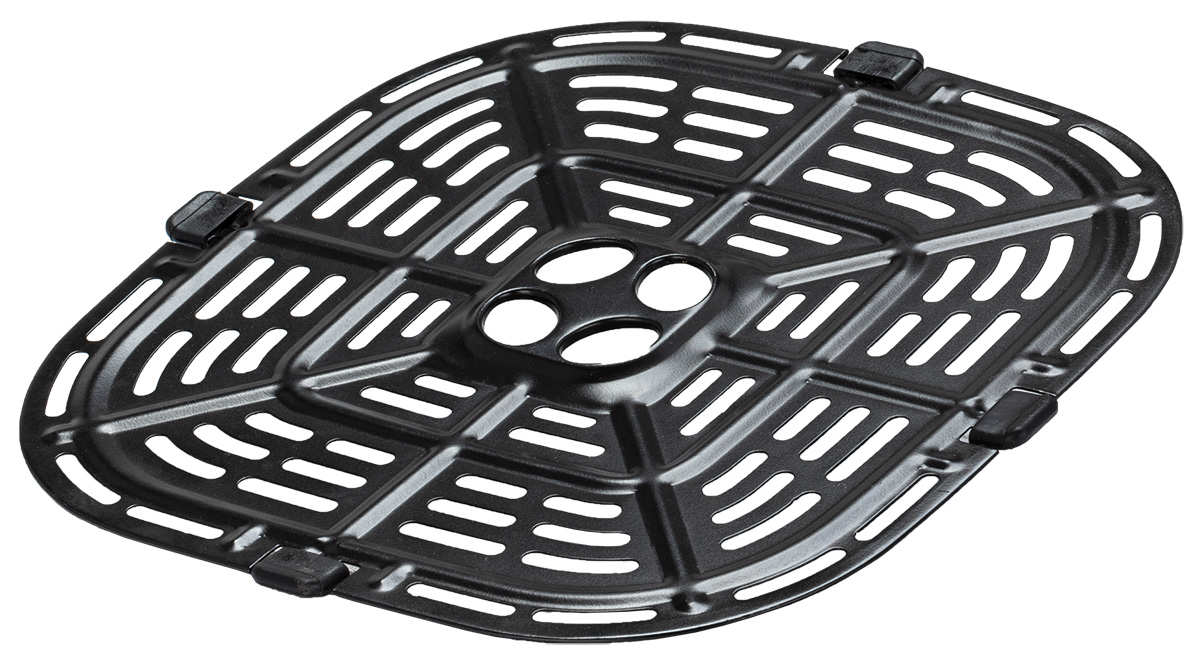 Czarna patelnia grillowa z otworami.