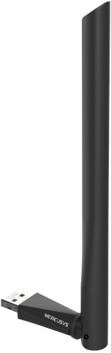 Fekete USB WiFi adapter antennával, balra dőlve.