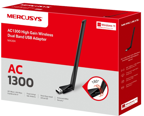 Egy doboz USB adapterrel, fekete antennával és szöveggel. Piros és fehér színek. Windows 11 logó.