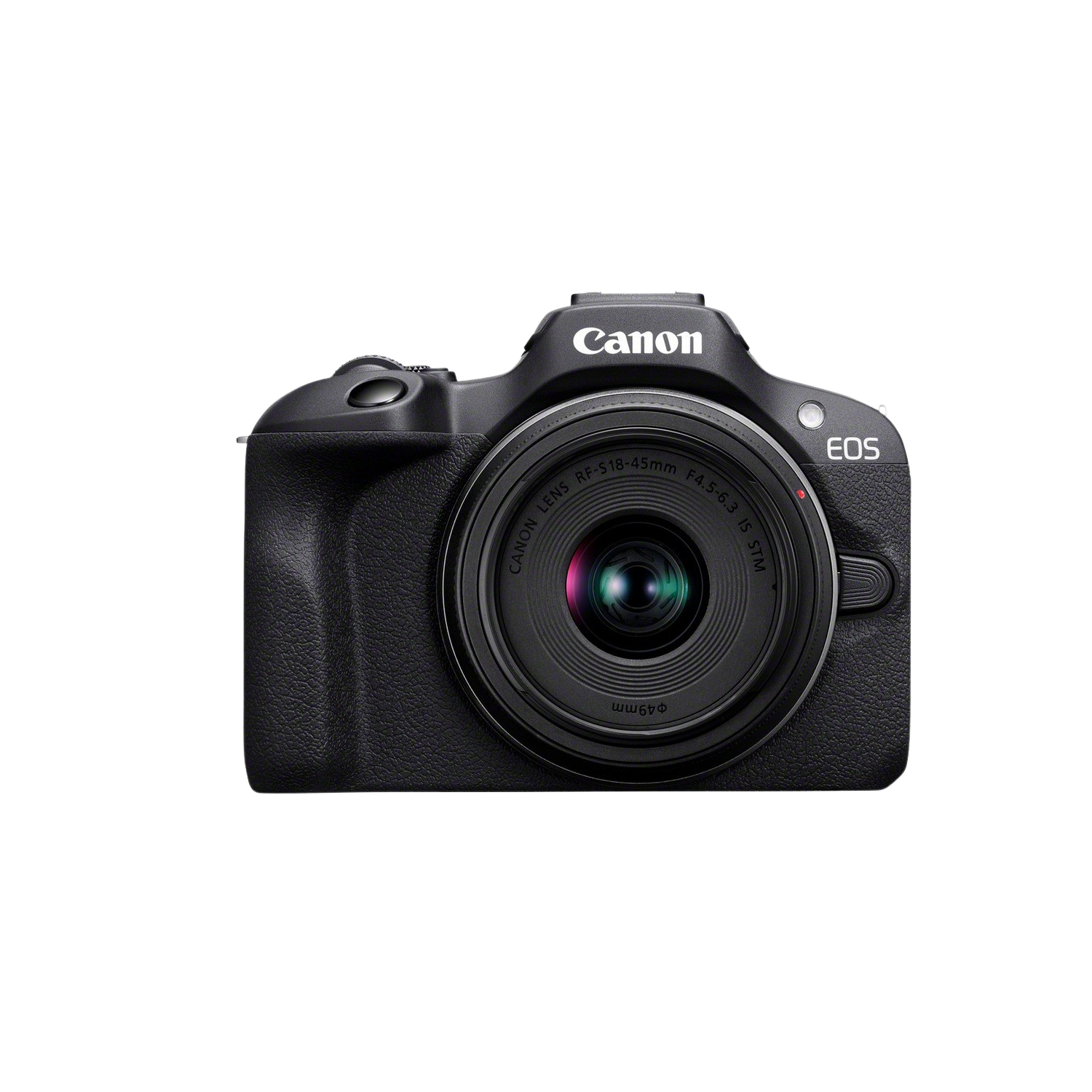 Een zwarte Canon EOS camera met een lens. De lens heeft een rode ring.