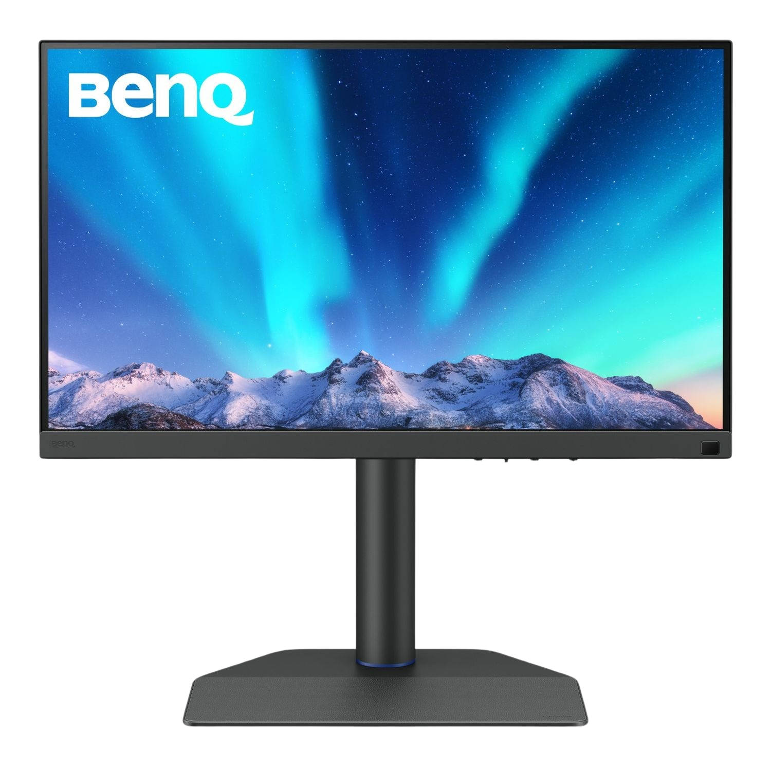 Moniteur BenQ. Il a un pied et un cadre noirs. L'écran affiche un paysage bleu et blanc.