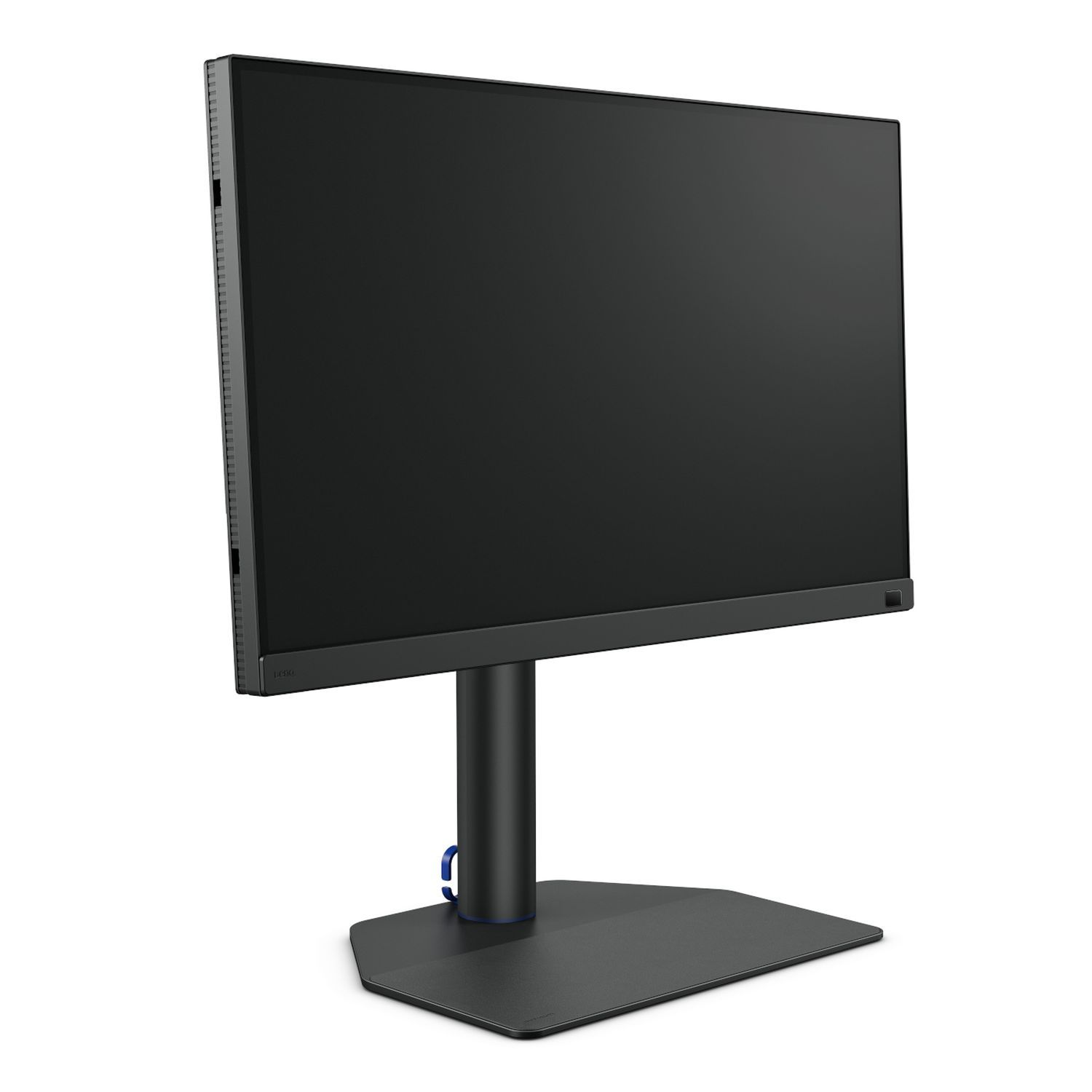 Un moniteur d'ordinateur noir avec un support. L'écran est sombre, le support est bleu.