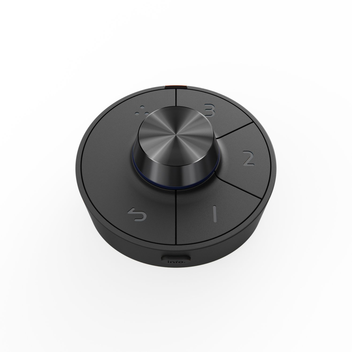 Bouton de commande noir avec chiffres et flèches, avec bouton central argenté, sur surface blanche.