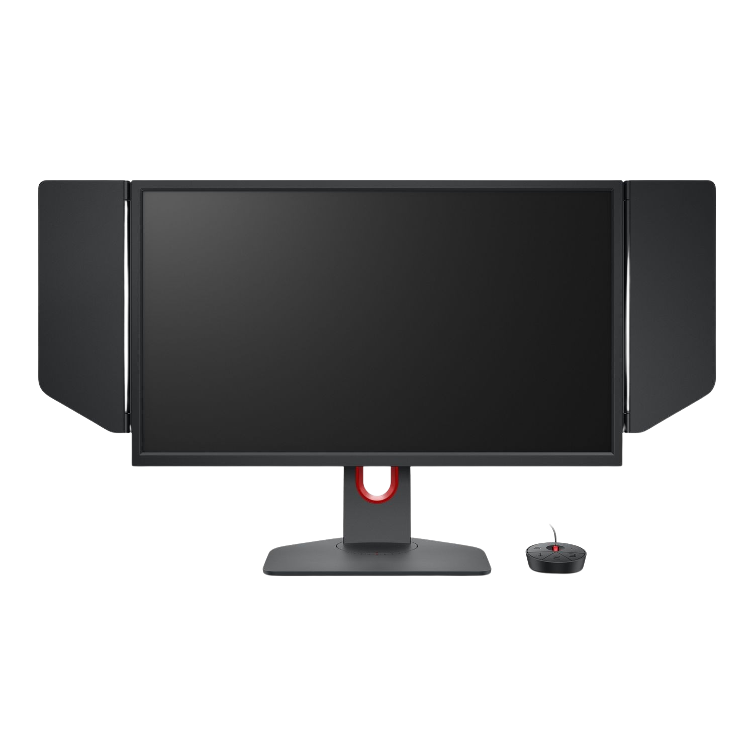 Un moniteur de jeu avec des panneaux latéraux et une manette sur fond noir. L'écran est noir, le support est gris.