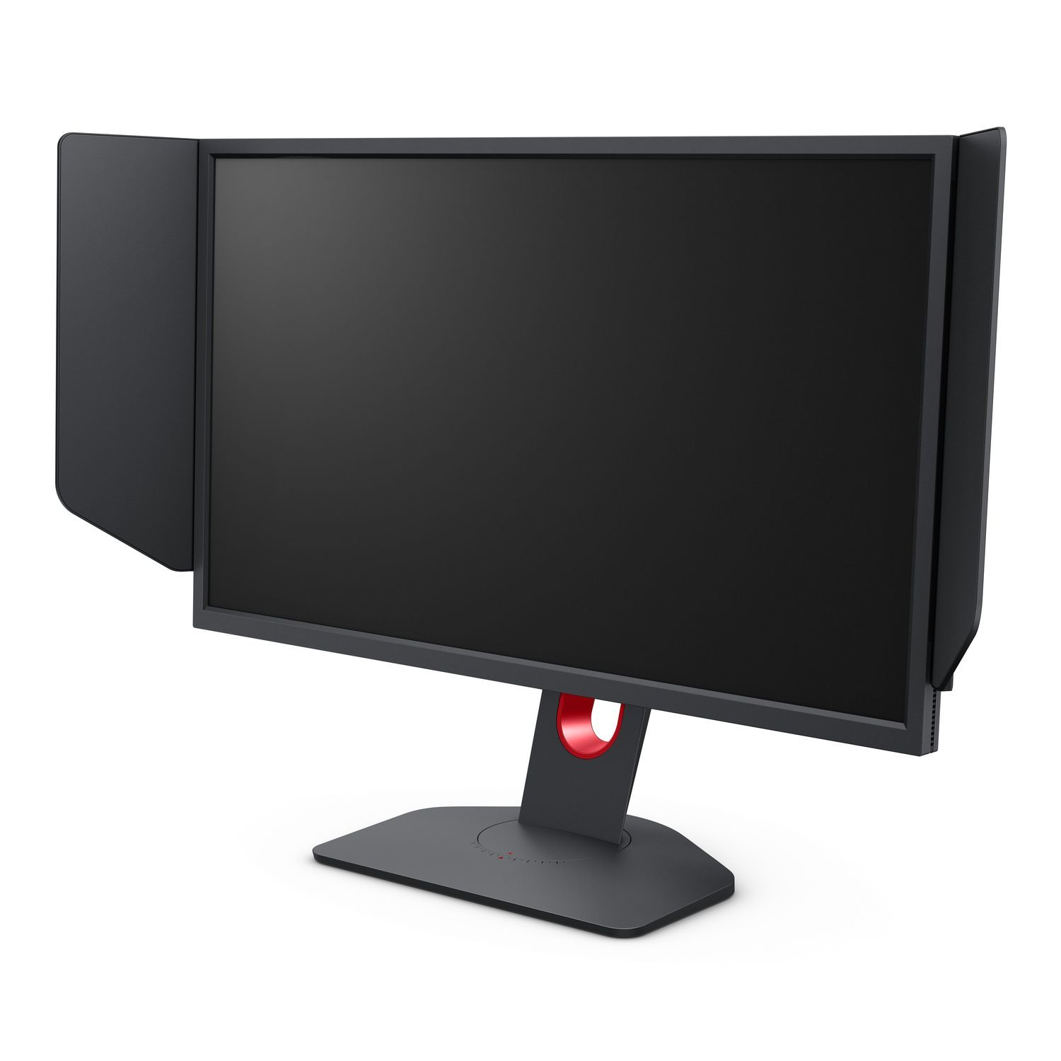 Un écran d'ordinateur noir avec un accent rouge sur son support. Il a un écran d'ombrage sur son côté gauche. Le fond est blanc.