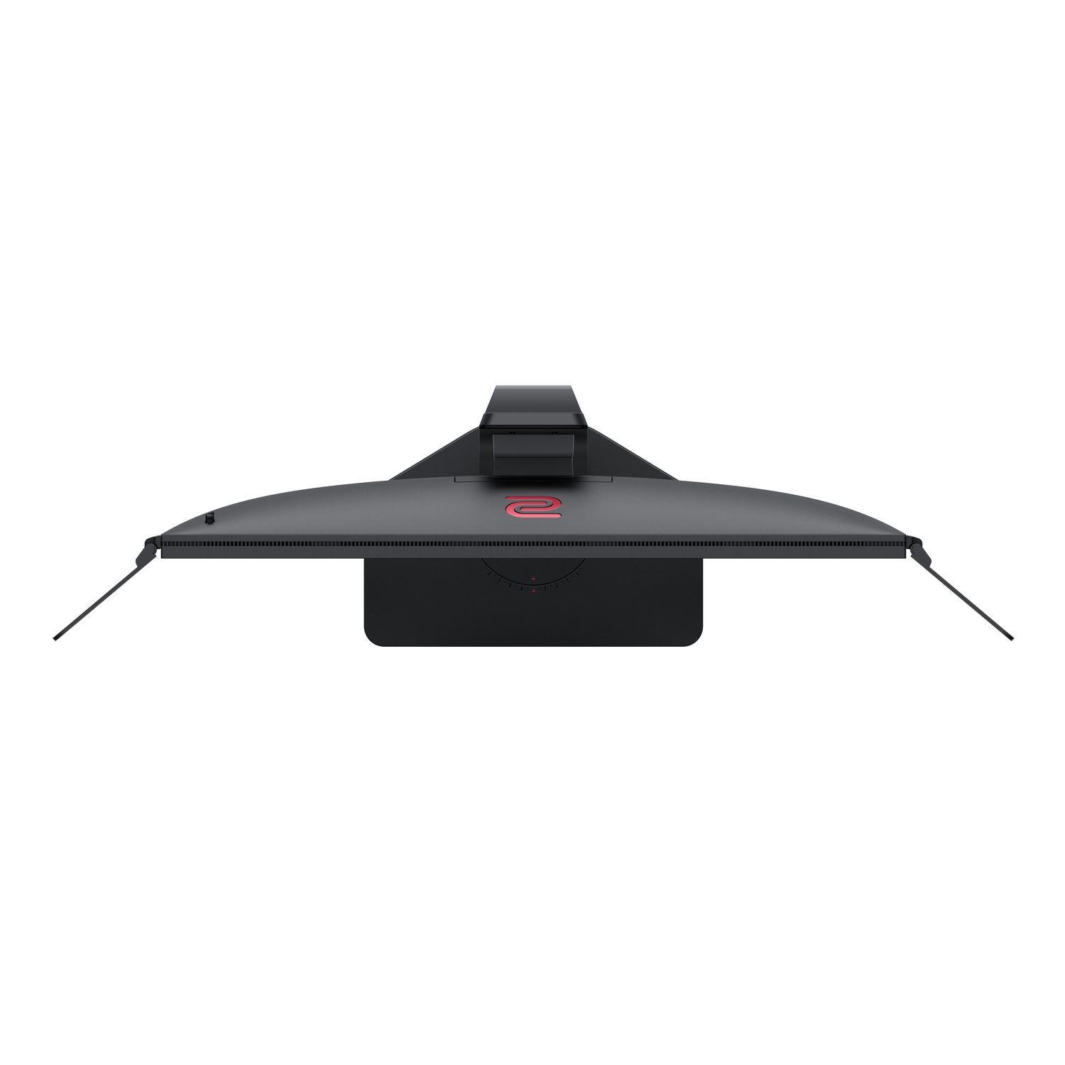 Vue de dessus d'un moniteur d'ordinateur noir. Logo rouge en haut. Deux bras noirs sur les côtés. Support noir en bas.