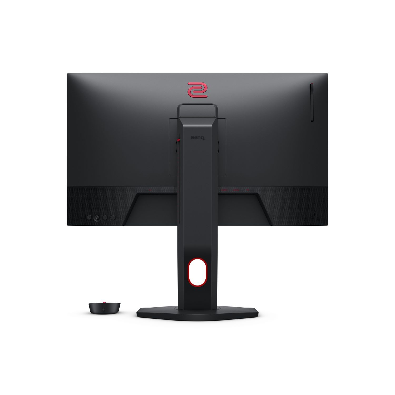 Vue arrière d'un moniteur BenQ noir avec des accents rouges. Le pied est visible et un petit dispositif de contrôle en dessous.