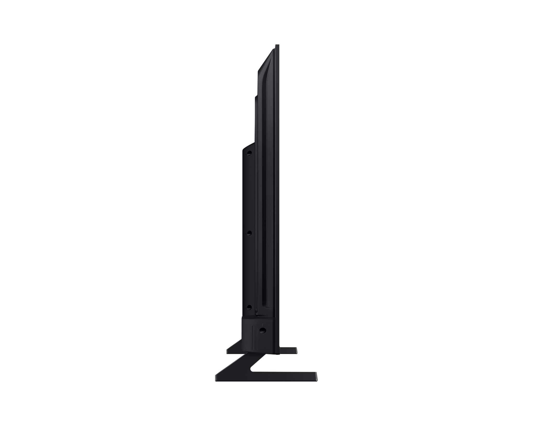 Seitenansicht eines schwarzen Fernsehers mit Ständer. Schwarzer Hintergrund, schlankes und modernes Design.