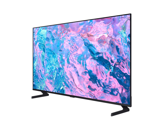 Großer, schwarz gerahmter Fernseher mit farbenfrohem, abstraktem Design. Schwarzer Hintergrund.