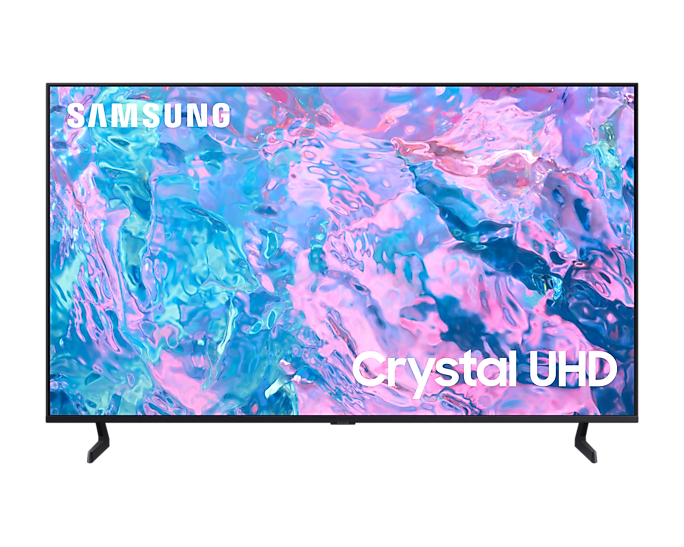 Ein Samsung Crystal UHD TV auf schwarzem Hintergrund mit lila-blauem Farbverlauf.
