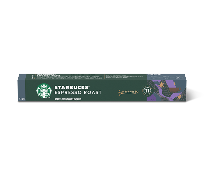 Egy doboz Starbucks Espresso Roast kávékapszula a Nespresso-tól.