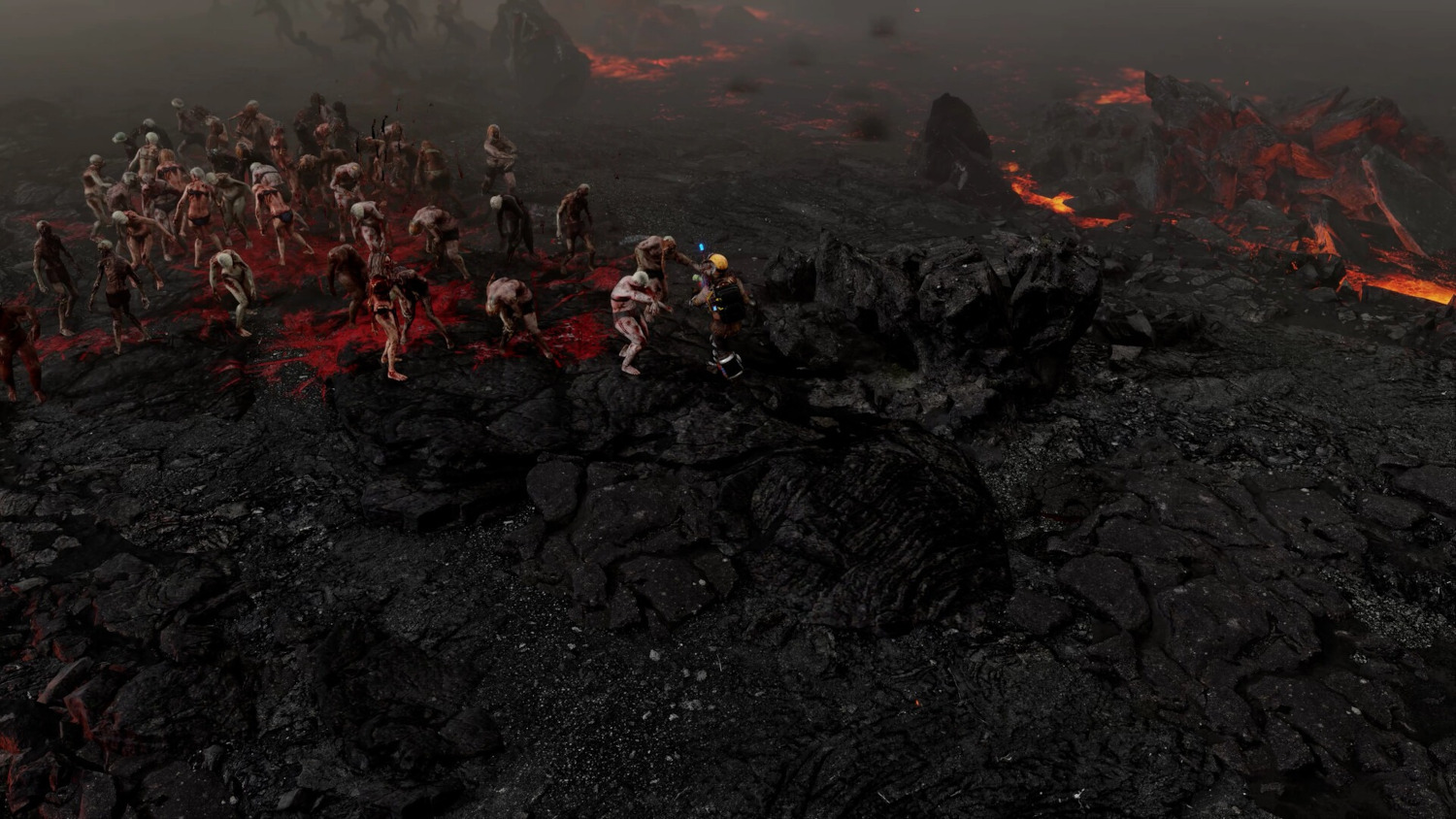 Een scène uit een videogame met zombies, lava en twee vechtende figuren.