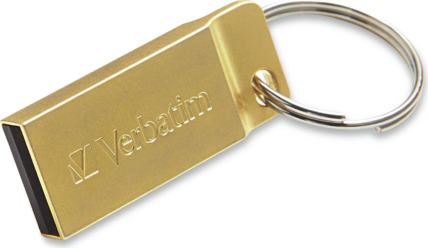 Ein goldfarbener USB-Stick mit dem Aufdruck 'Verbatim', befestigt an einem Schlüsselring.