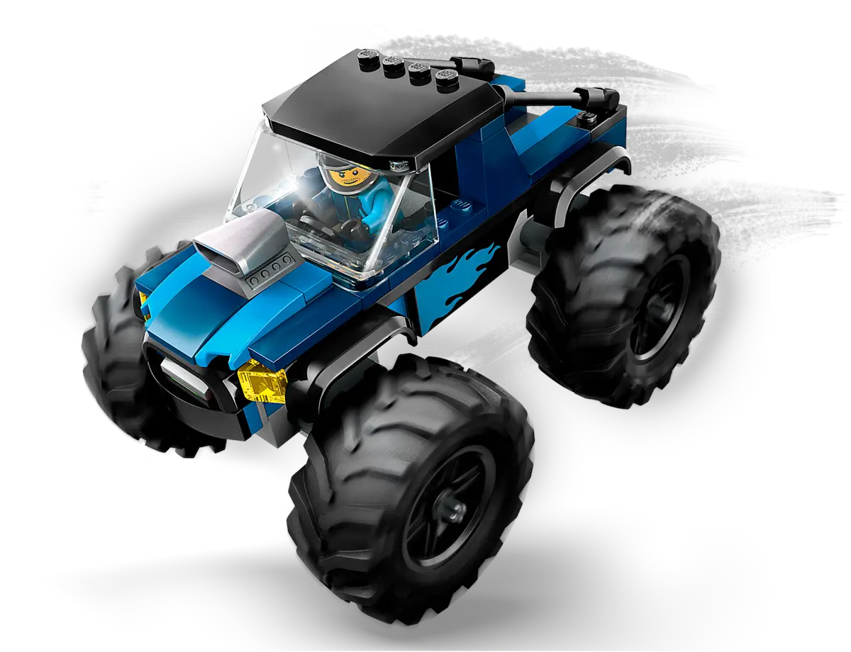 Niebiesko-czarny zabawkowy monster truck z figurką kierowcy. Ma duże, ponadwymiarowe opony.