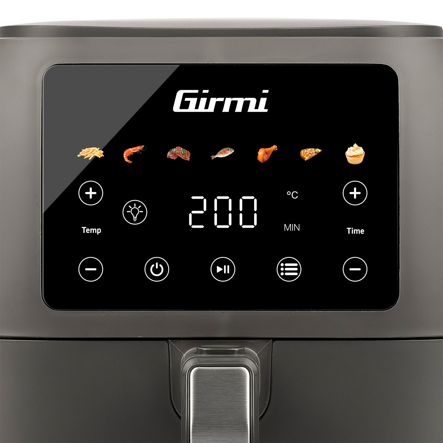 Friggitrice ad aria con pannello di controllo, icone alimentari e display digitale.