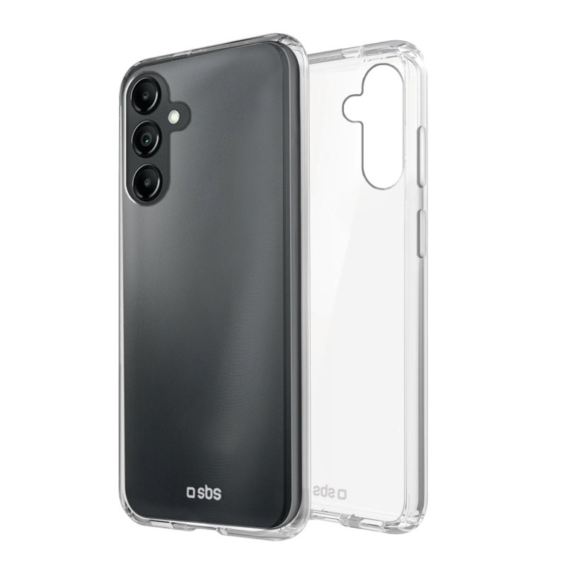 Eine transparente Handyhülle über einem dunkelgrauen Telefon.