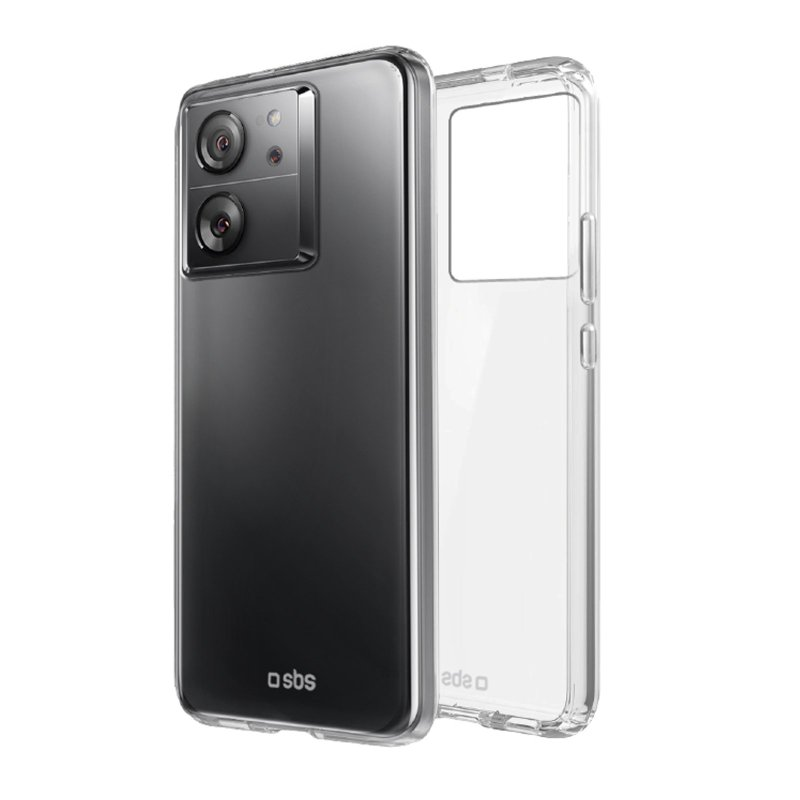 Ein schwarzes Smartphone in einer durchsichtigen Hülle, mit Kameralinsen. Die Hülle ist transparent.