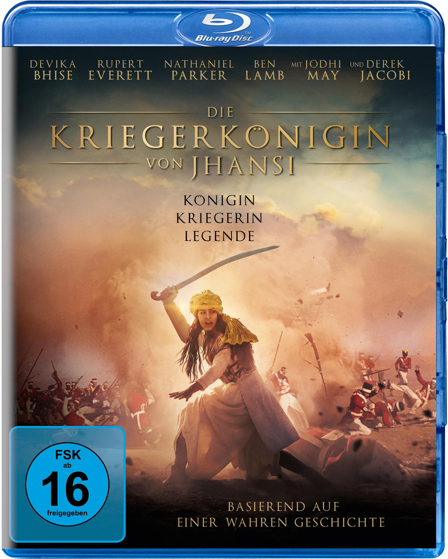 Blu-ray-Cover von 'Die Kriegerkönigin von Jhansi' mit einer Frau, die ein Schwert hält.