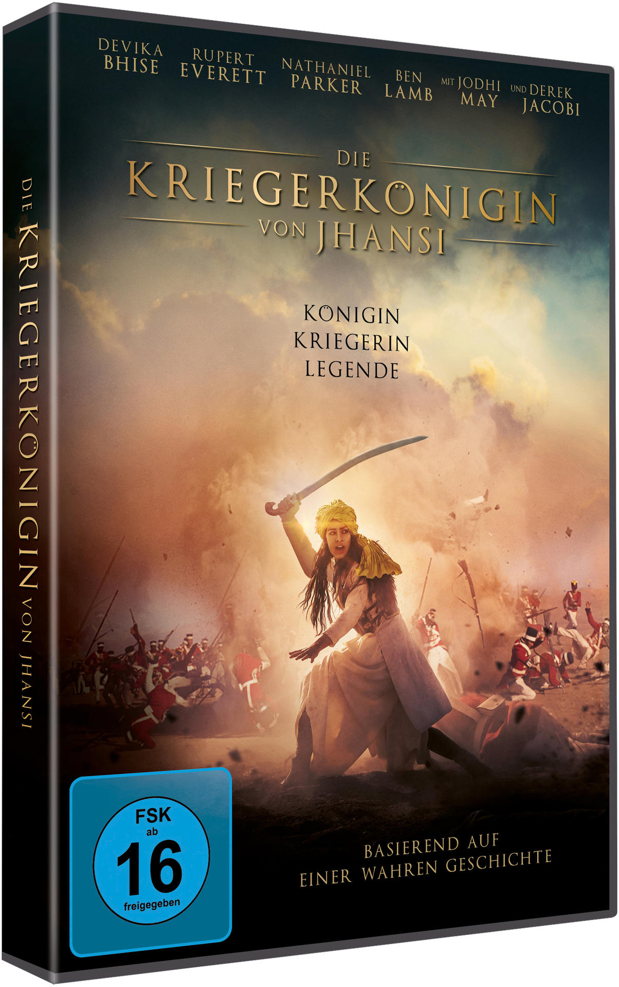 DVD-Cover des Films 'Die Kriegerkönigin von Jhansi'. Eine Frau mit Schwert steht im Mittelpunkt.