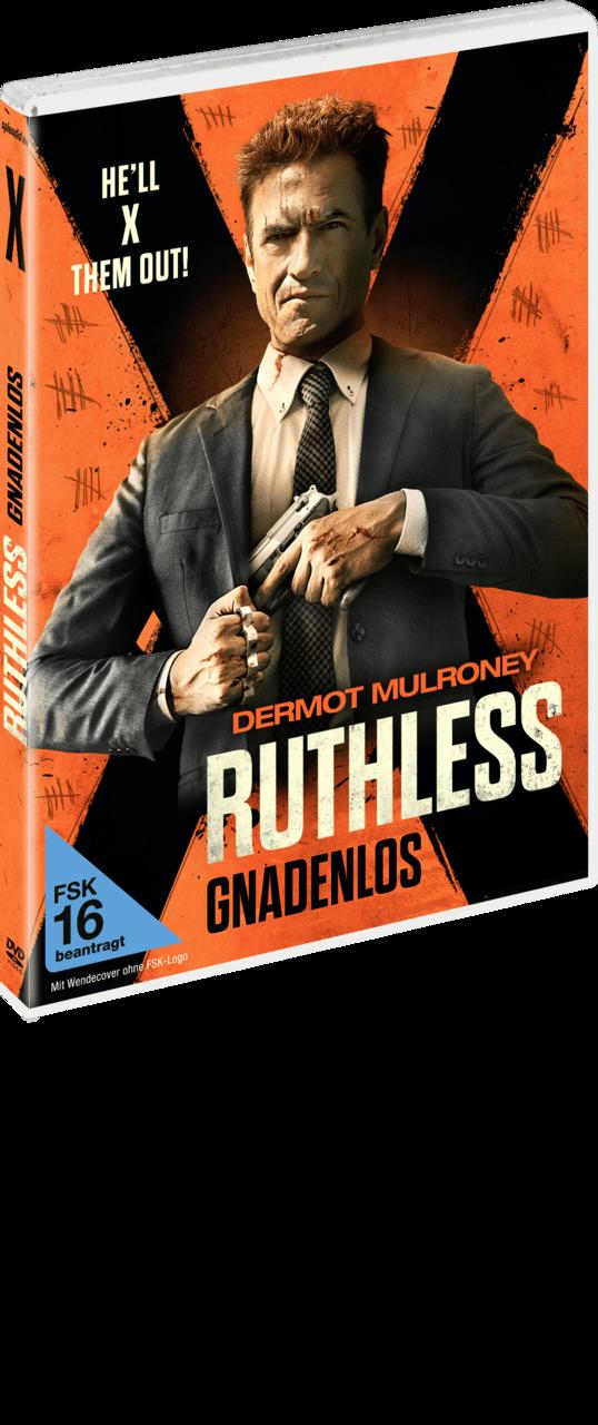 DVD-Cover für 'Ruthless Gnadenlos'. Es zeigt einen Mann mit einer Waffe. Der Hintergrund ist orange.