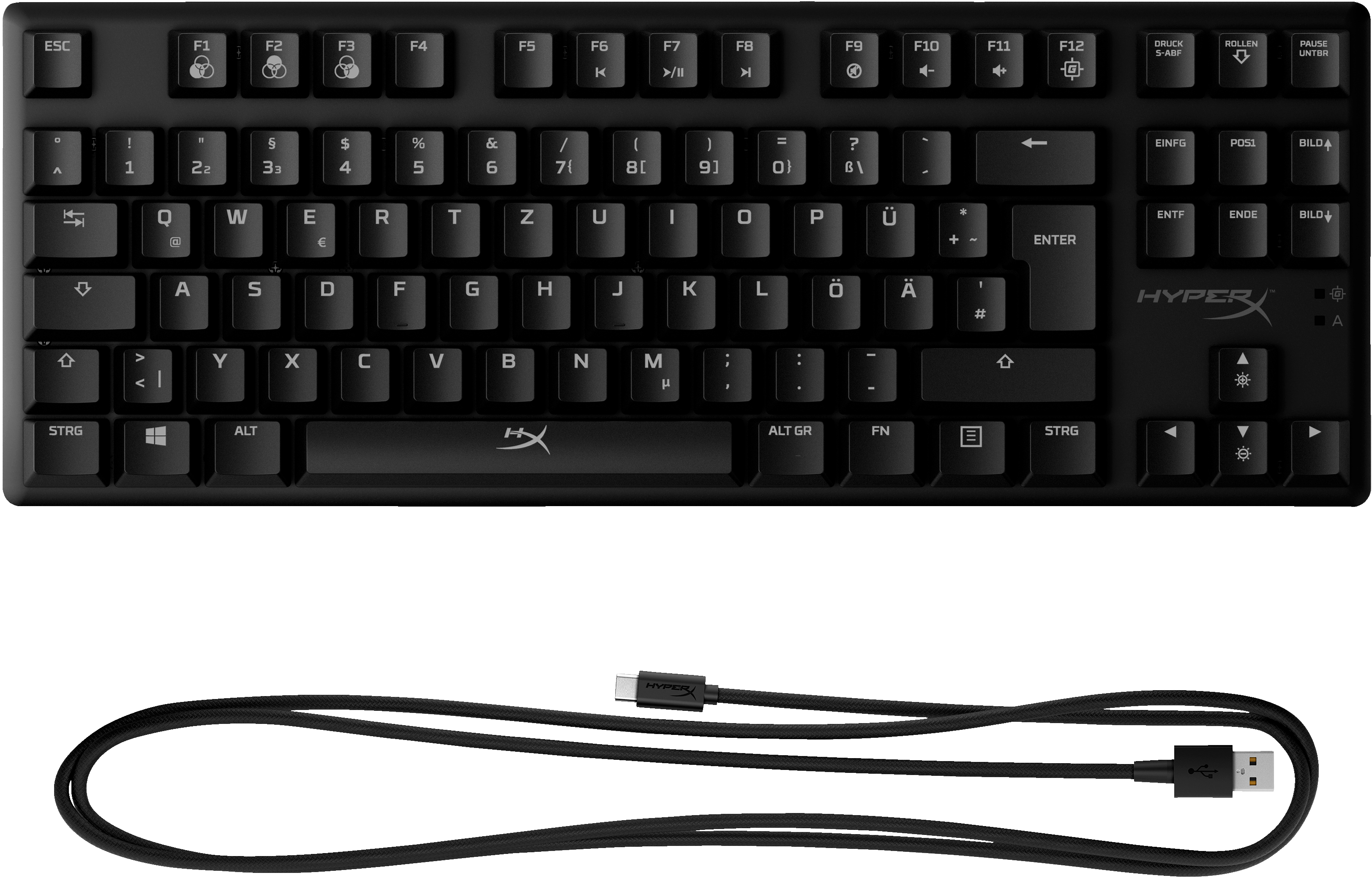 Schwarze HyperX-Tastatur mit Tasten. Ein USB-Kabel liegt darunter.