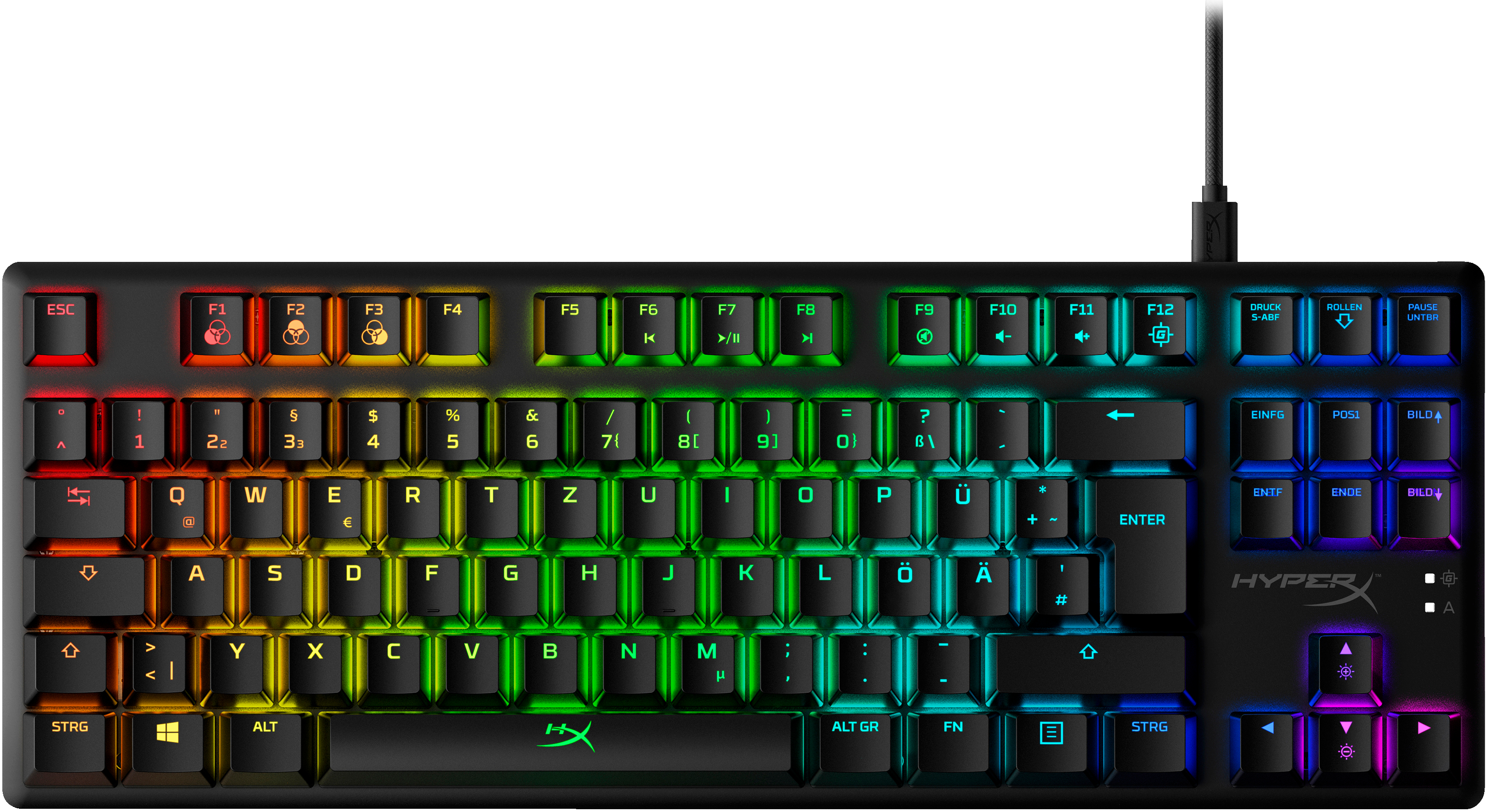 Schwarze Tastatur mit Regenbogen-Tasten. HyperX-Logo ist sichtbar.