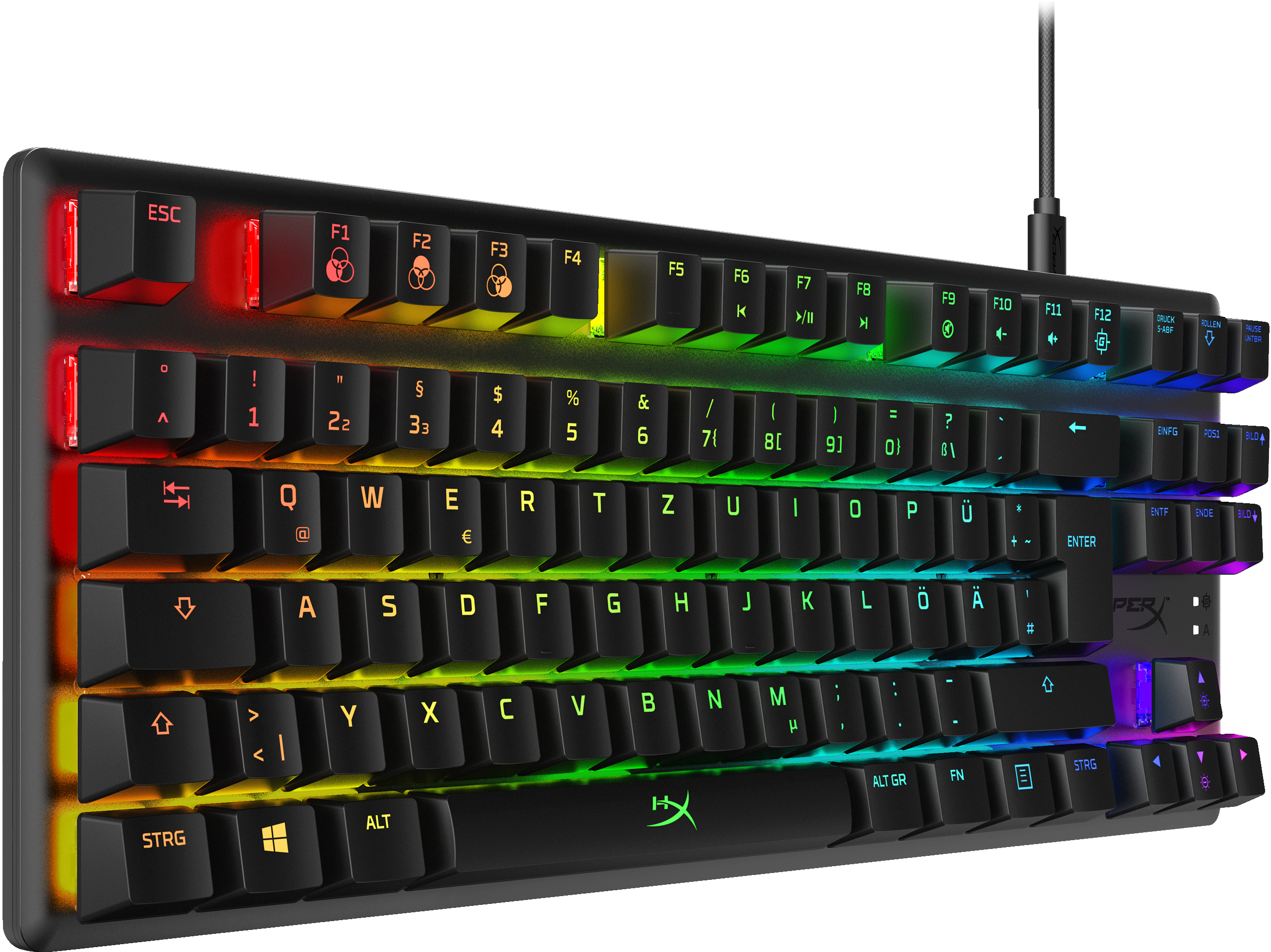 Eine beleuchtete mechanische Tastatur mit farbigen Tasten auf schwarzem Hintergrund.