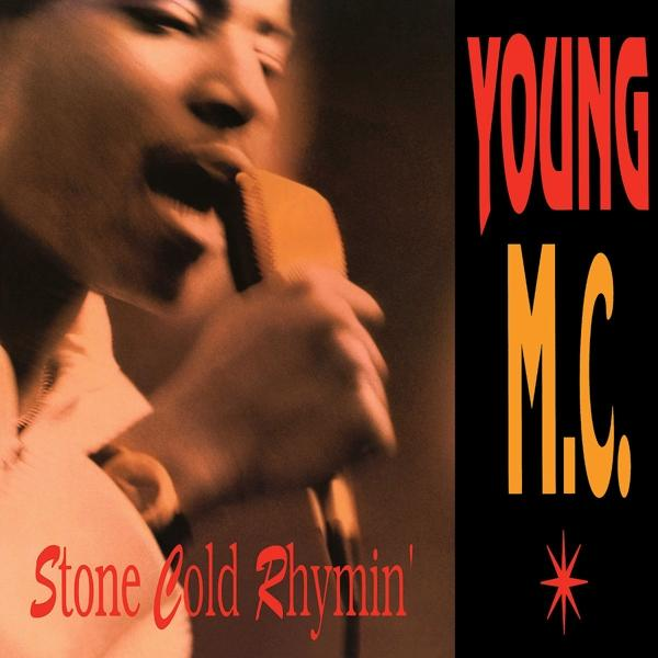 Album borító. Egy személy énekel egy mikrofonba. A szöveg a következő: 'Young M.C.' és 'Stone Cold Rhymin'. Piros és narancssárga színek.