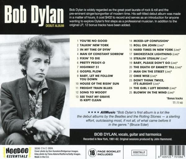 Albumcover von Bob Dylan in Schwarzweiß, mit Text, der sein Debütalbum und die Titelliste detailliert.