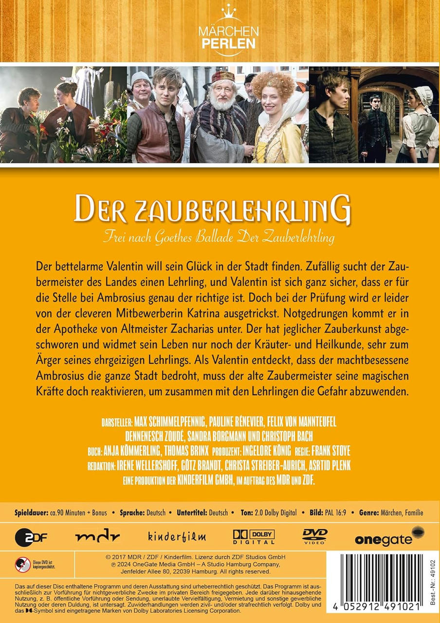 Rückseite einer DVD-Hülle mit deutschem Text über den Film 'Der Zauberlehrling' und Angaben zur Besetzung.