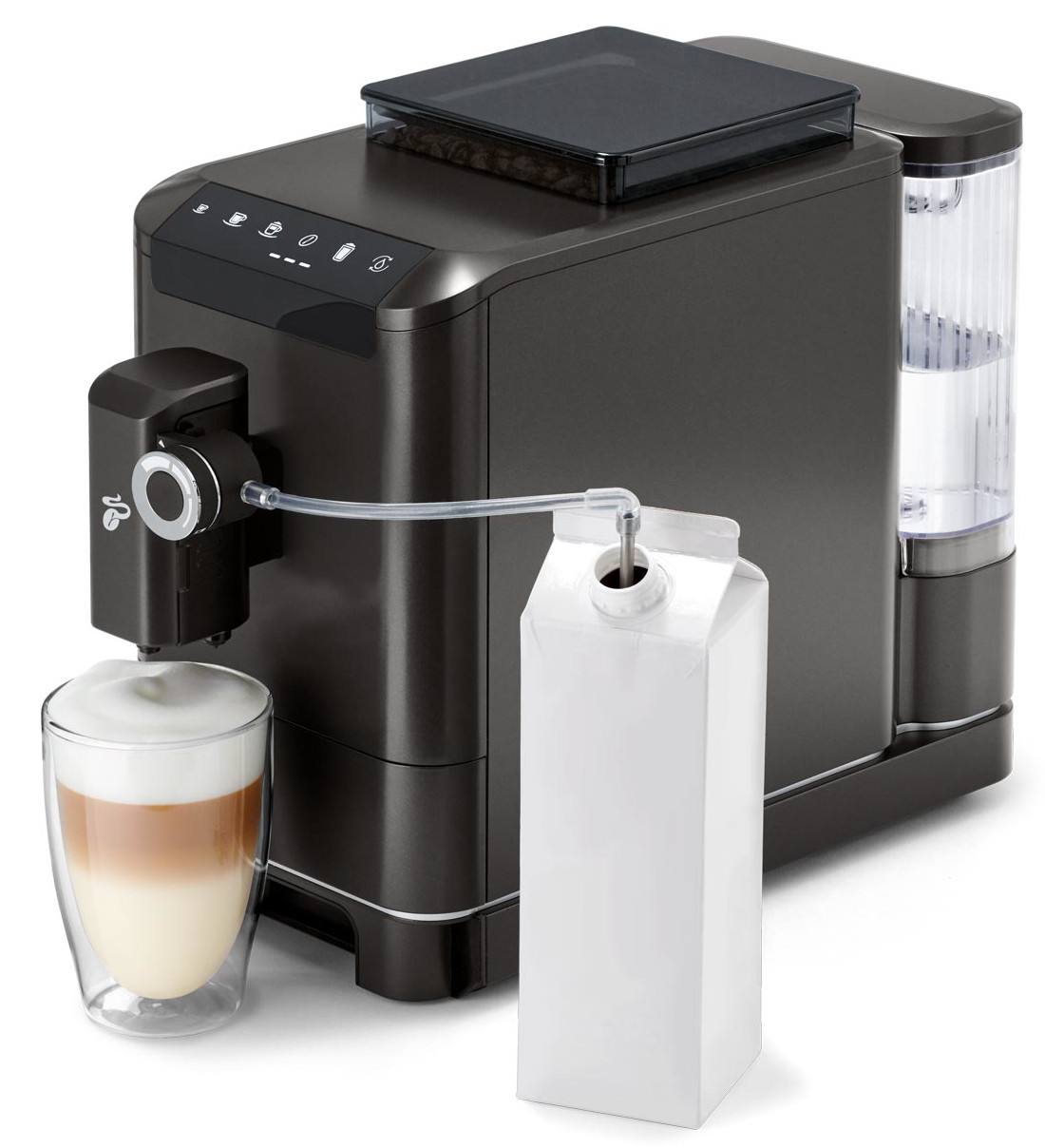 Ekspres do kawy ze szklanką latte i kartonem mleka obok.