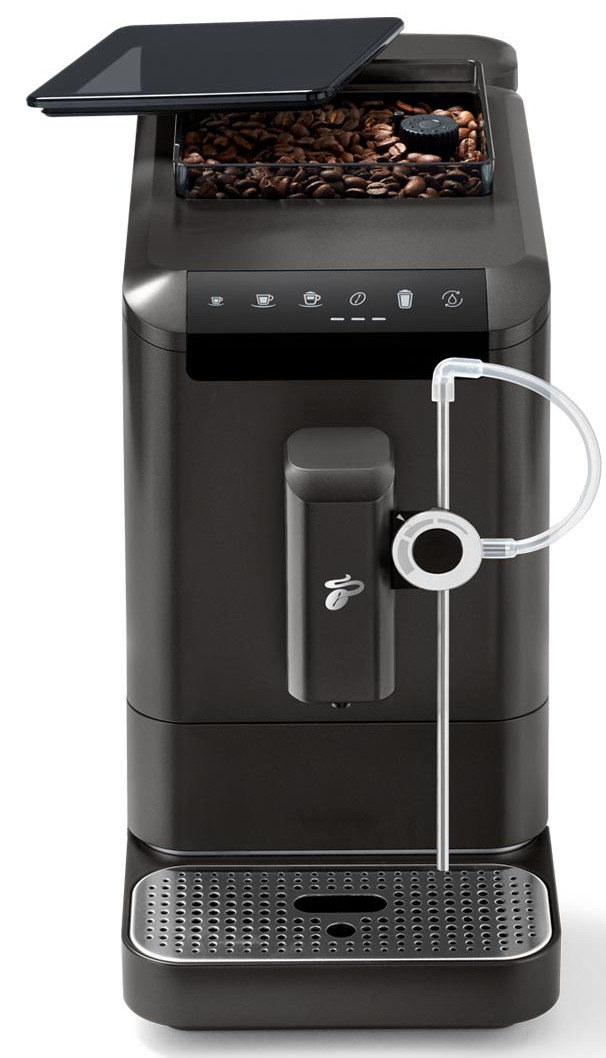 Ciemny ekspres do kawy z pojemnikiem na ziarna na górze. Ma różne przyciski i dyszę do pary.