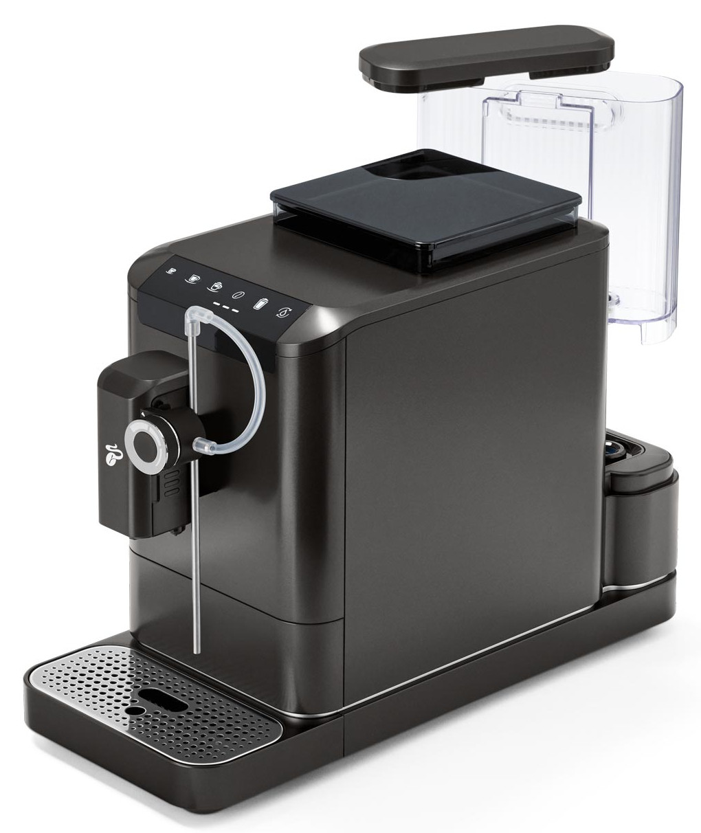 Ekspres do kawy z kilkoma elementami, górną pokrywą, zbiornikiem na wodę i obszarem dozowania.