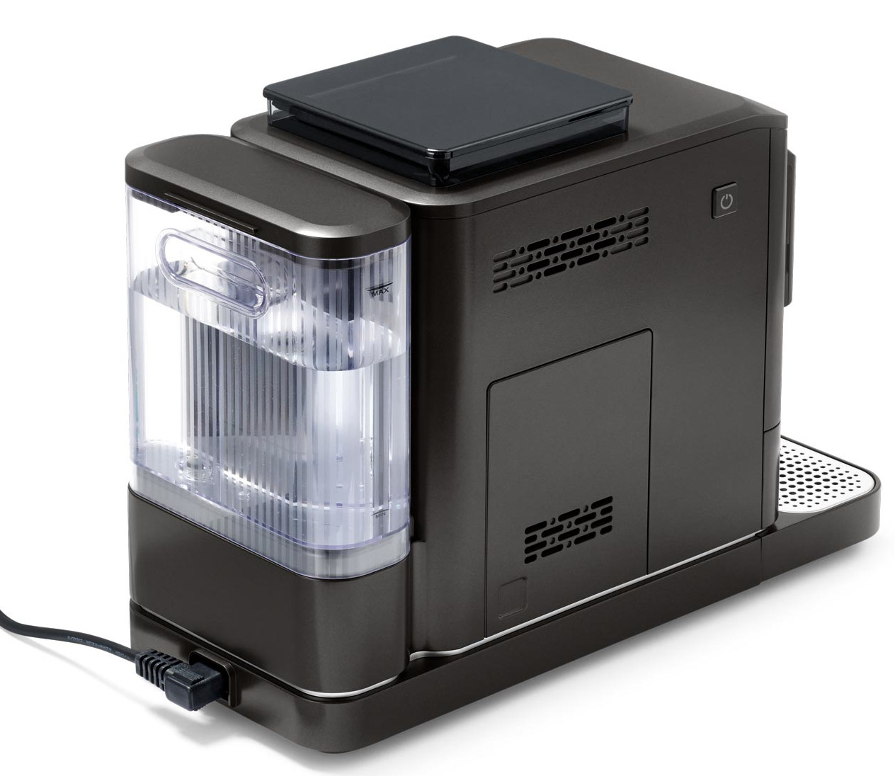 Ciemnoszara maszyna do kawy ze zbiornikiem na wodę, przewodem zasilającym i tacką ociekową.