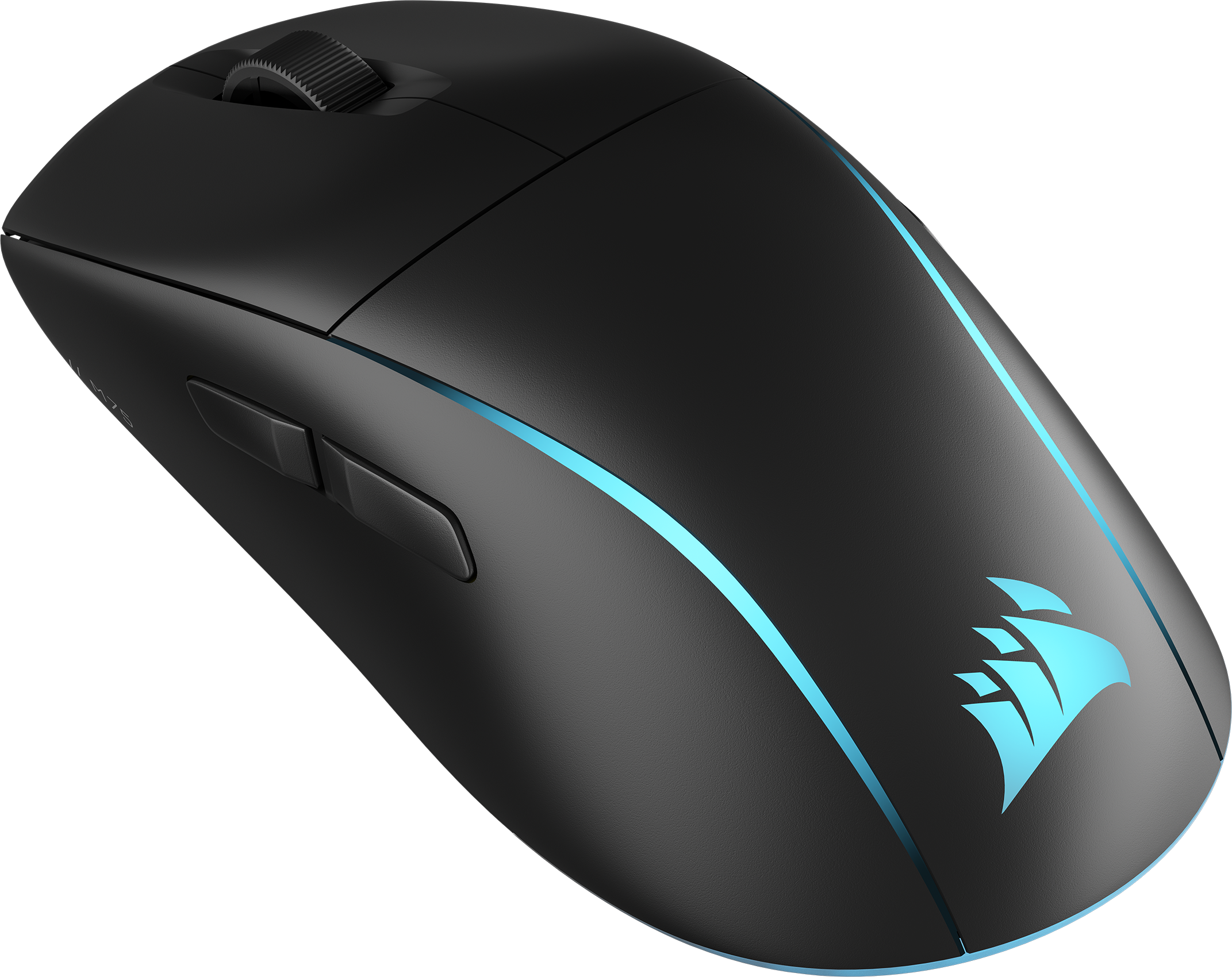 Draufsicht auf eine weiße Gaming-Maus mit blauem Licht und Corsair-Logo.