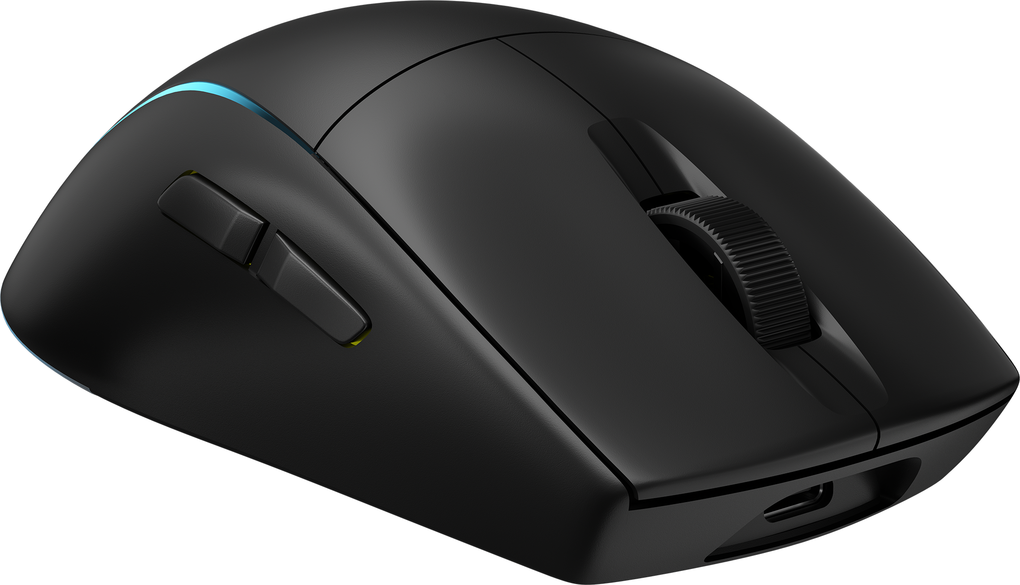 Schwarze Gaming-Maus mit Seitentasten und Scrollrad, Seitenansicht.