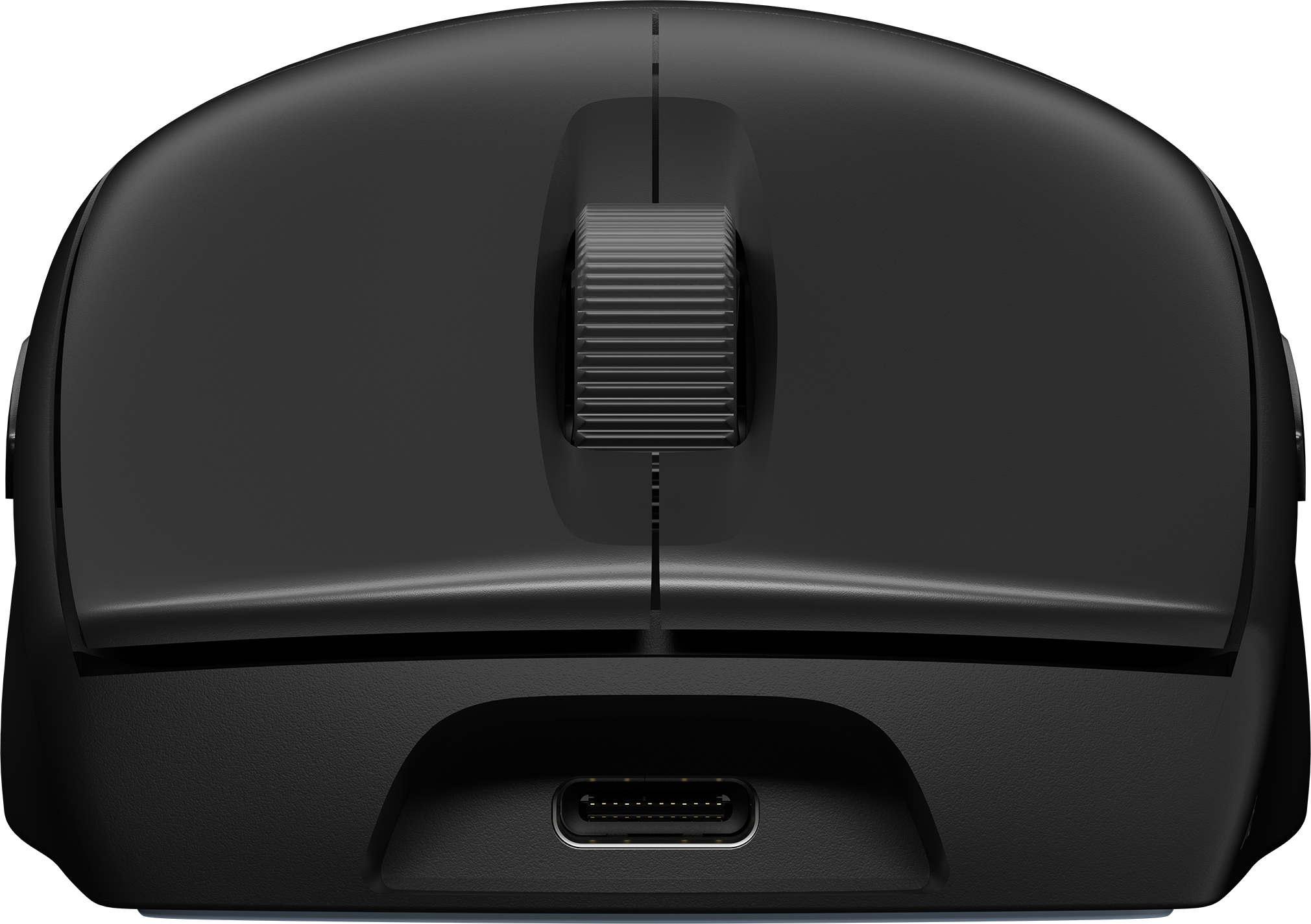 Eine schwarze Computermaus mit Scrollrad und USB-Anschluss.