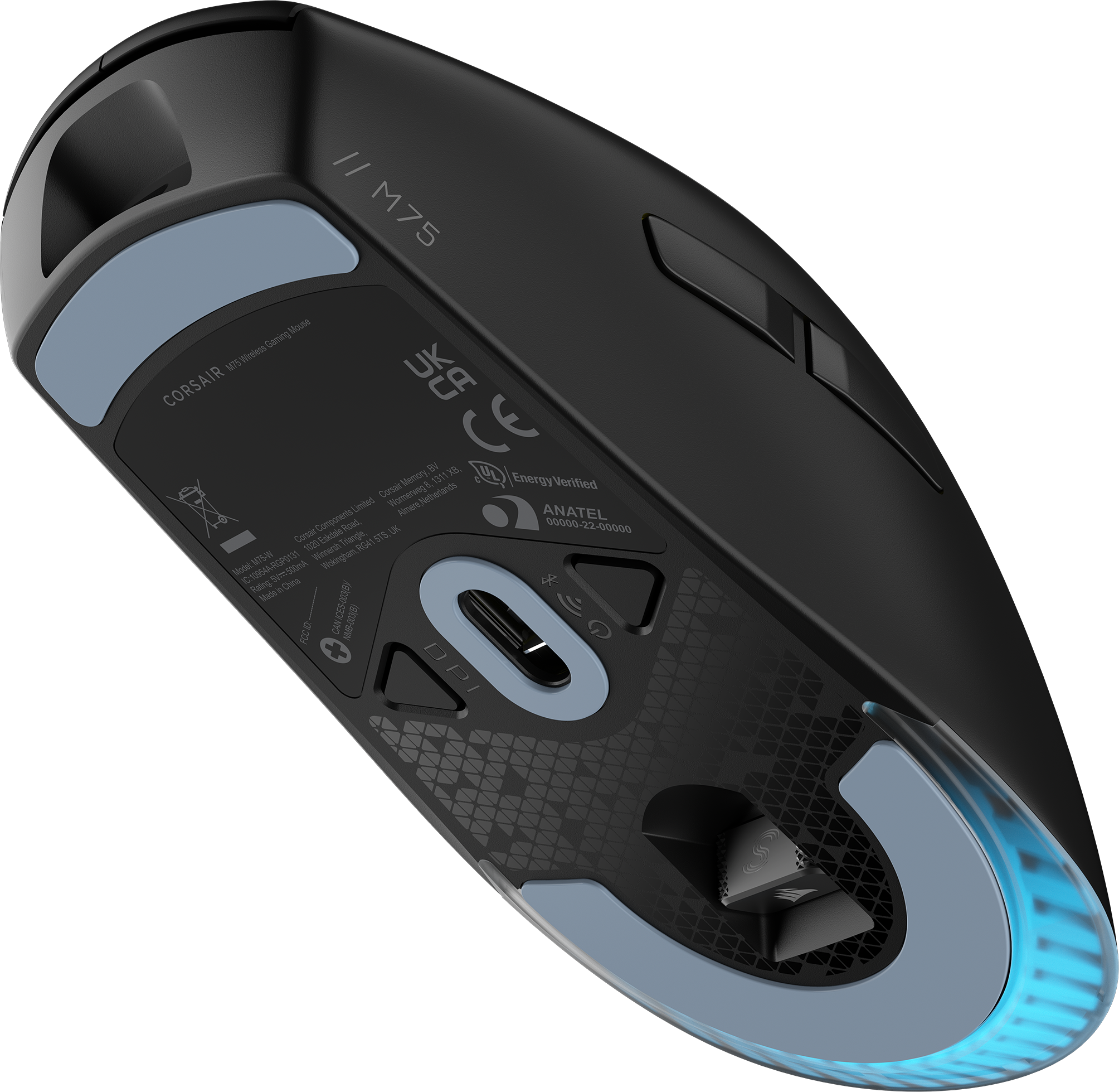 Unterseite einer schwarz-hellblauen Gaming-Maus, die das Design und die Funktionen zeigt.