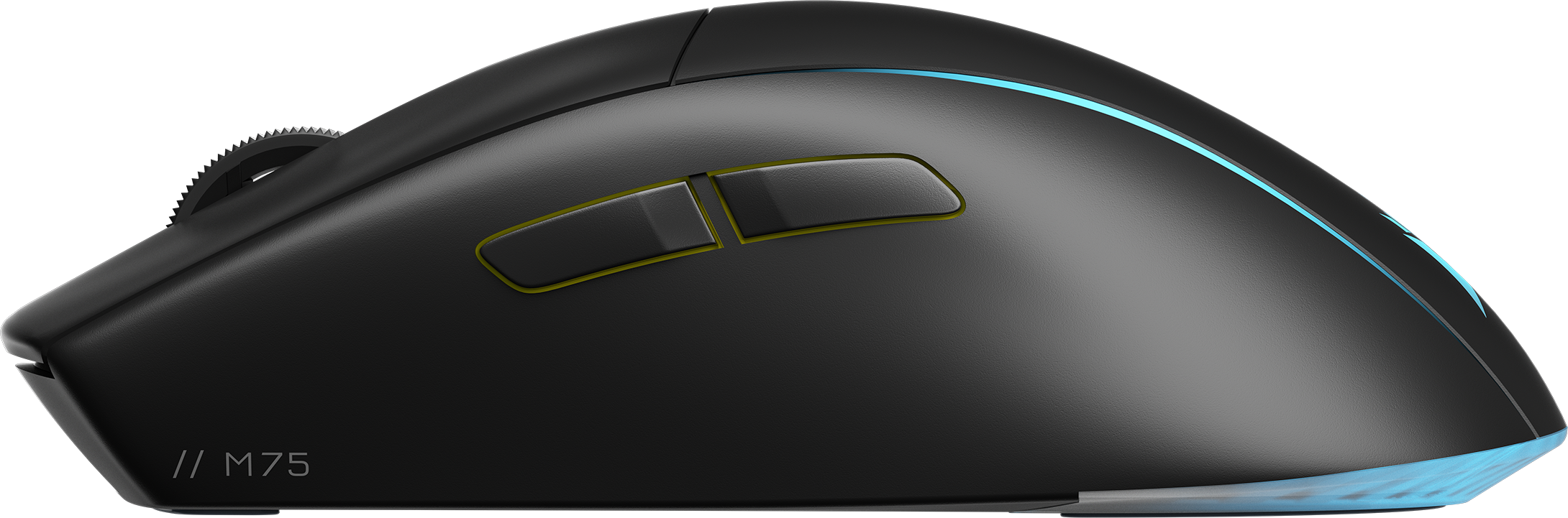 Schwarze Gaming-Maus mit Seitentasten und farbigen Lichtern.