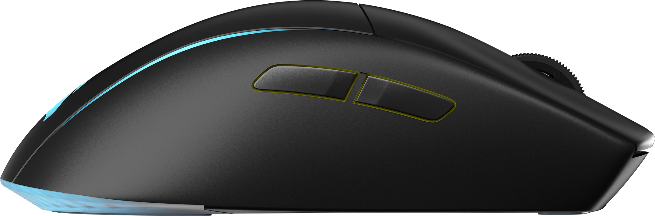 Schwarze Computermaus, Seitenansicht, mit zwei Seitentasten, einem Scrollrad und blauen Lichtern.