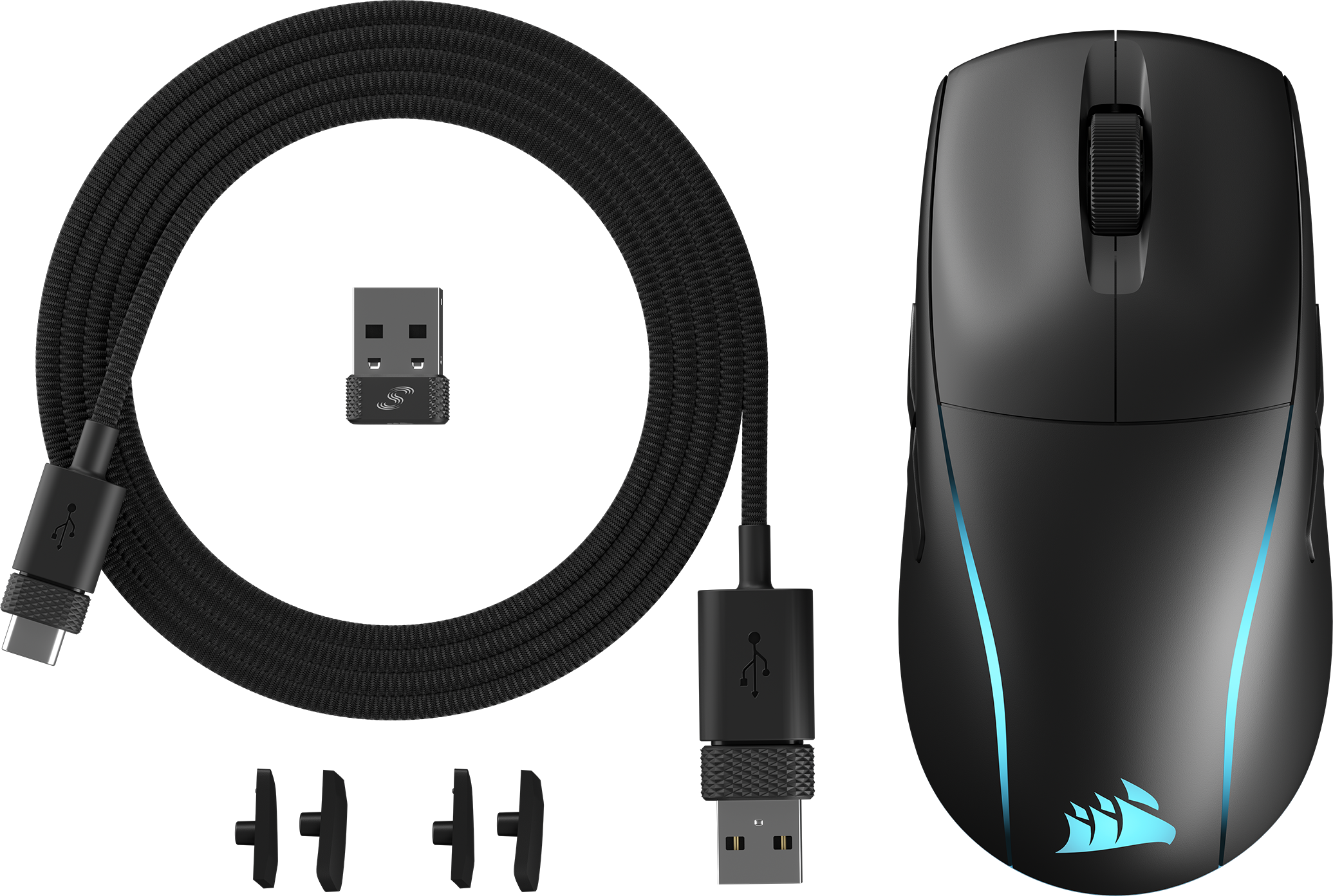 Eine schwarze Computermaus mit Kabel, USB-Empfänger und drei zusätzlichen Teilen.