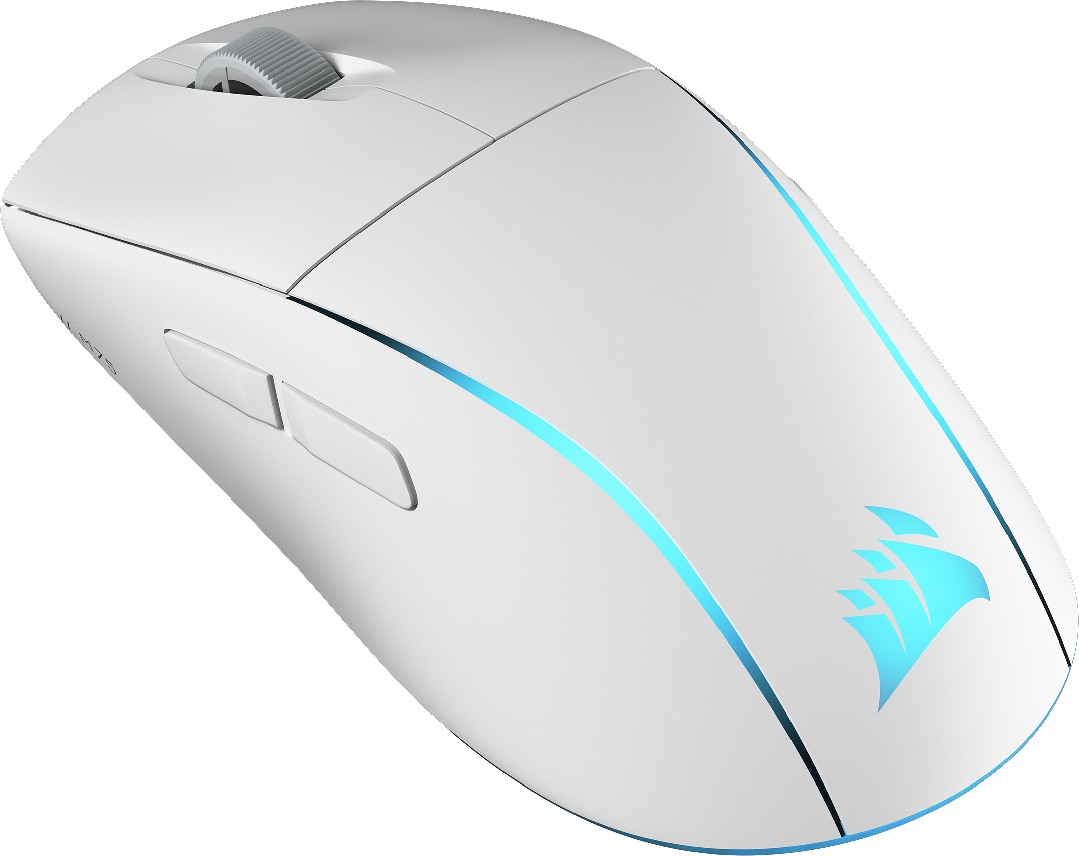 Weiße Gaming-Maus mit blauen Akzenten, Draufsicht mit Tasten und Scrollrad.