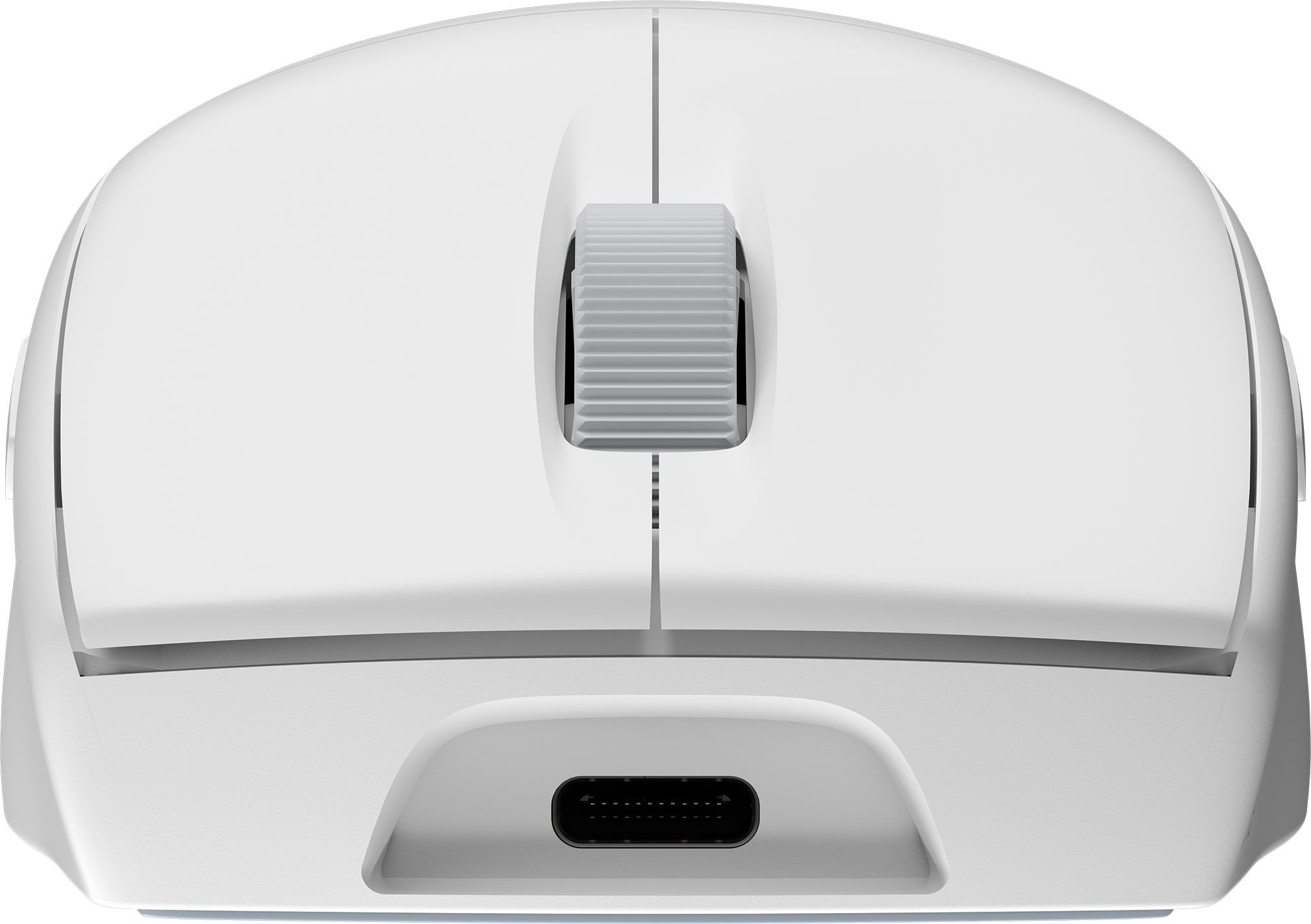 Weiße Computermaus von oben mit einem Scrollrad.