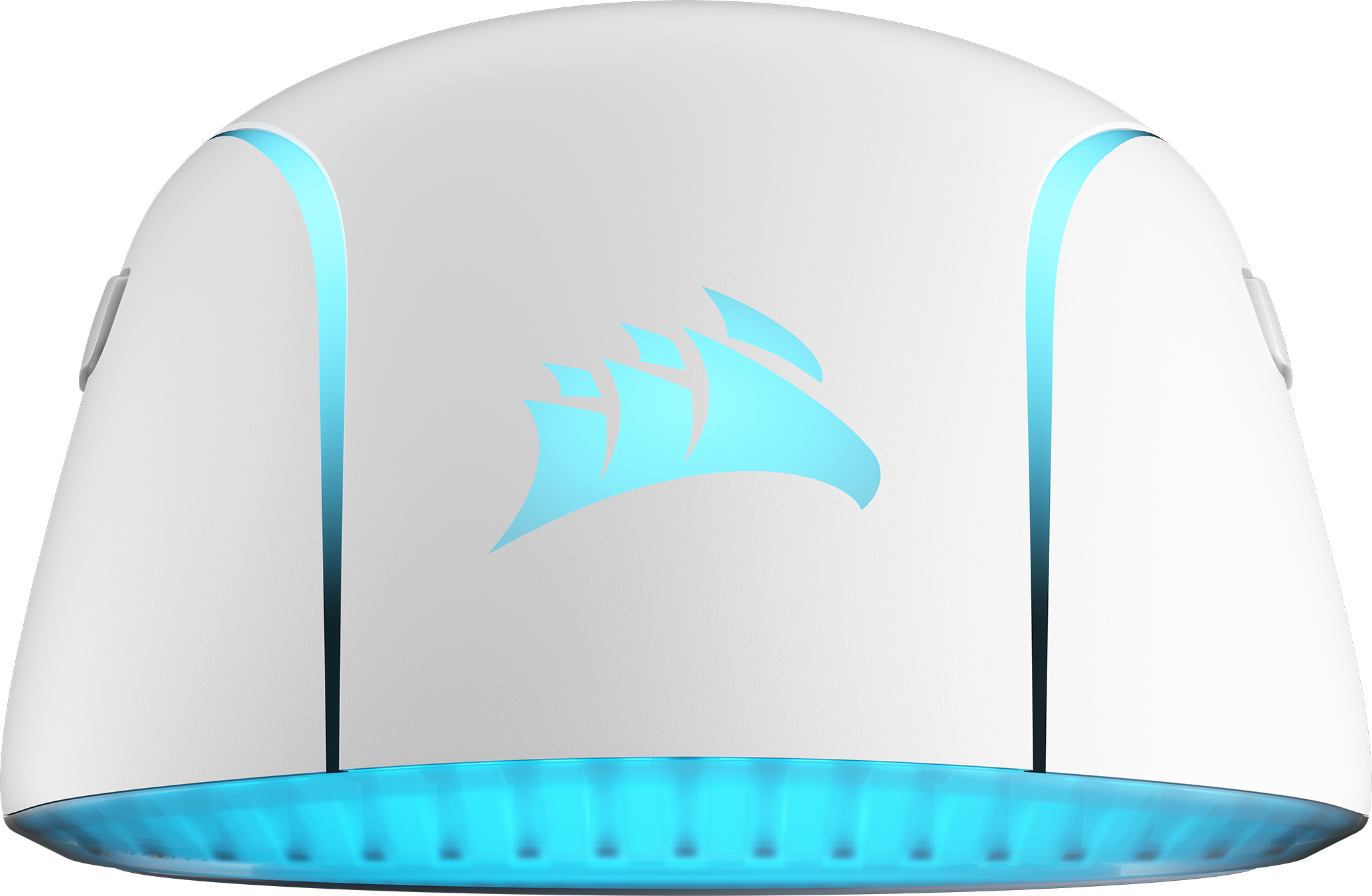 Weiße Gaming-Maus mit blauem Licht an den Rändern und Corsair-Logo.