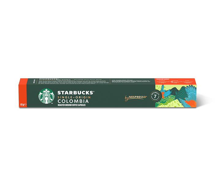 Starbucks kávékapszula doboz, zöld és narancs, fehér háttér.