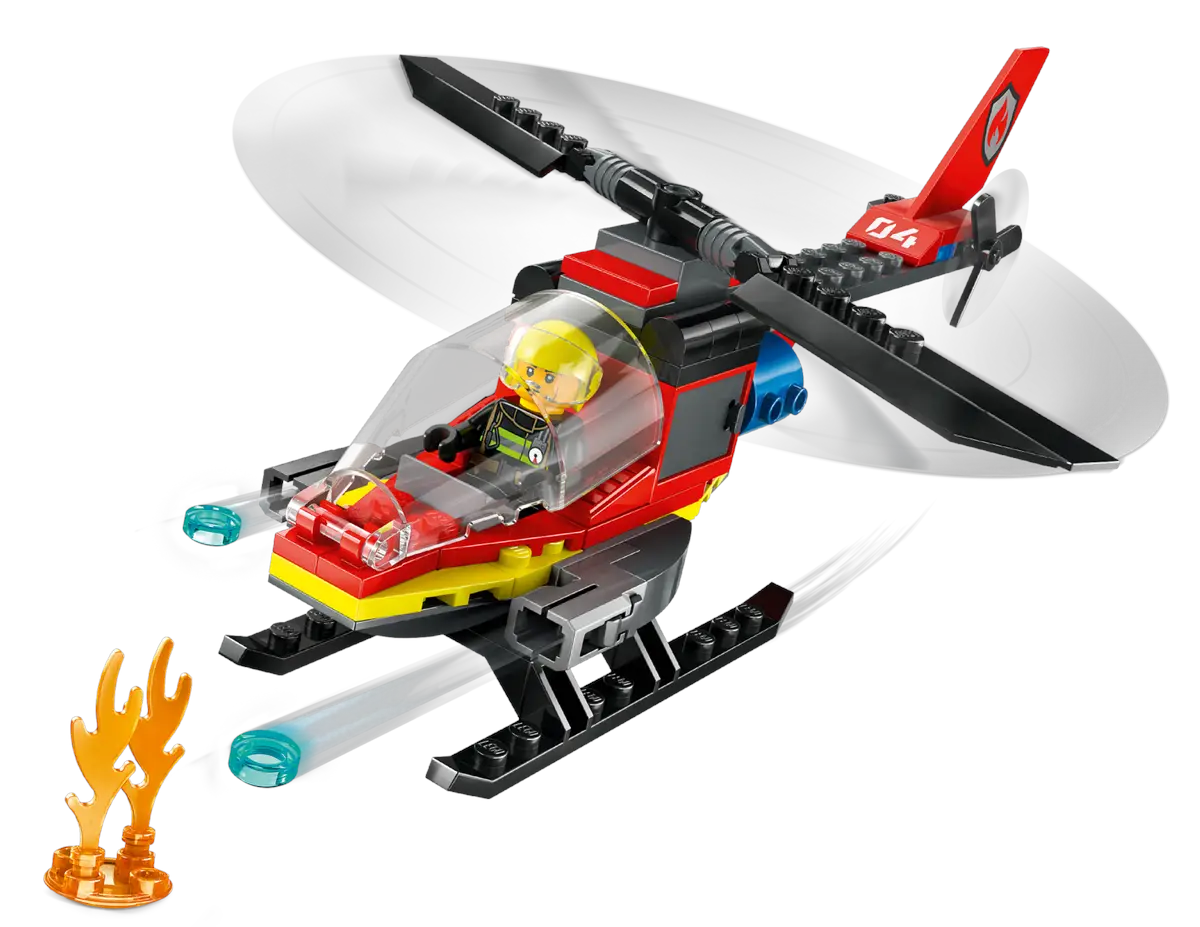 Helikopter Lego w kolorze czerwono-żółtym z pilotem. Płomienie i niebieskie smugi światła po lewej.