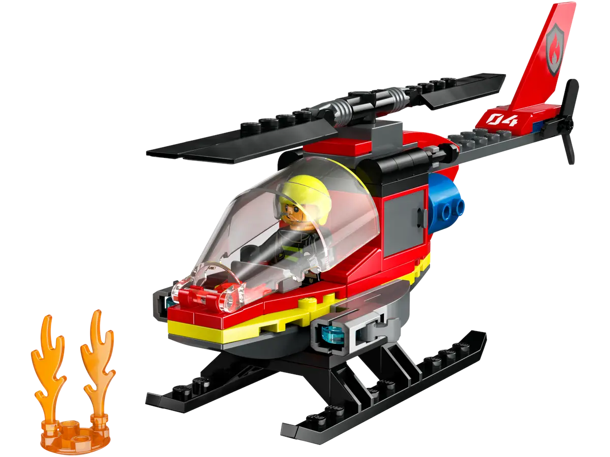 Czerwony i żółty helikopter Lego z figurką strażaka, płomienie na ziemi.