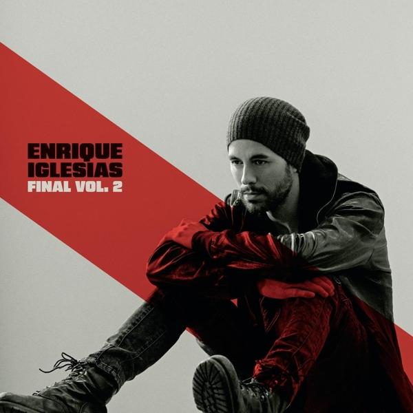 Albumcover mit Enrique Iglesias, sitzend, roter diagonaler Streifen, grauer Hintergrund.