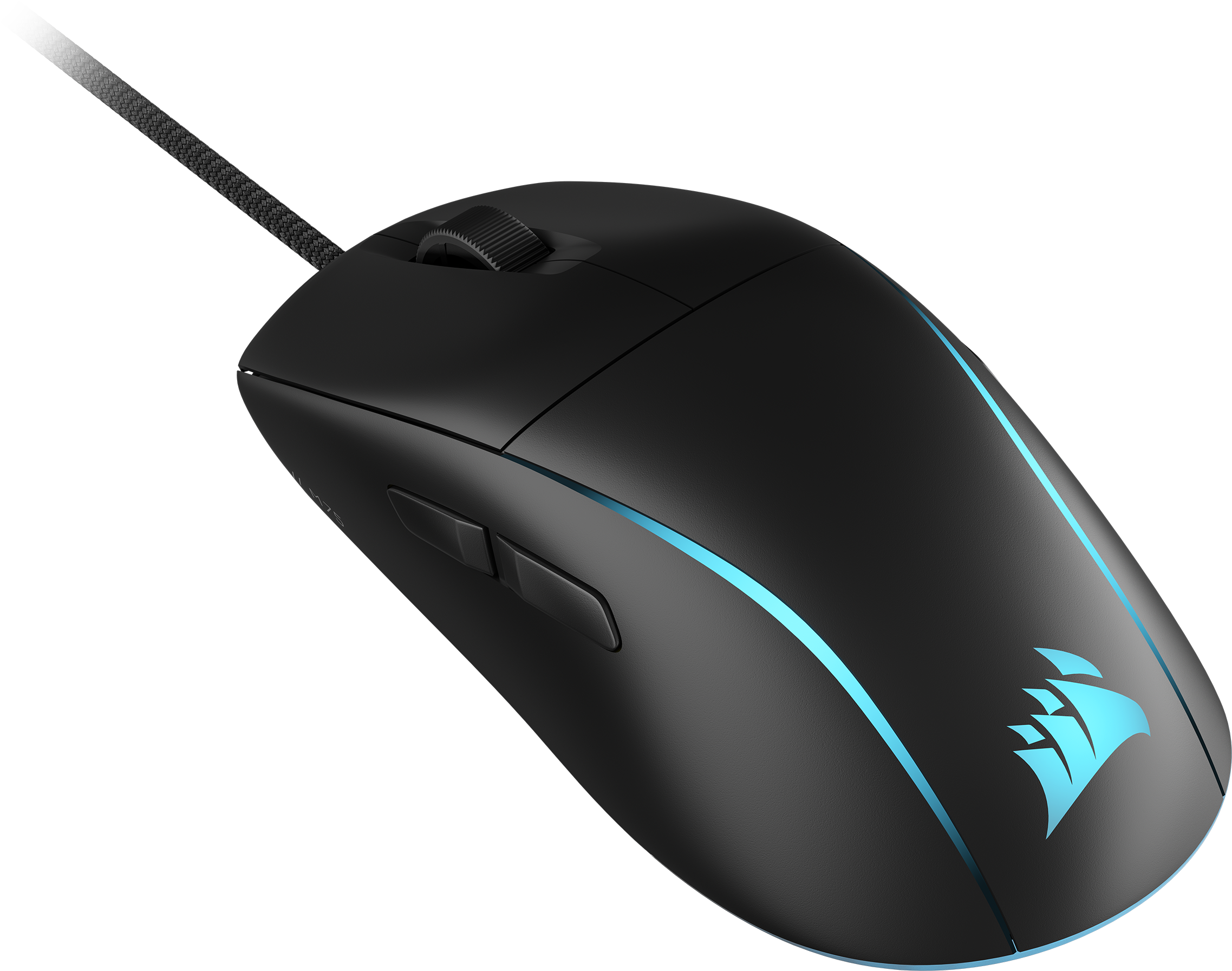 Schwarze Computermaus. Sie hat ein blaues Licht an der Seite. Das Corsair-Logo ist sichtbar.