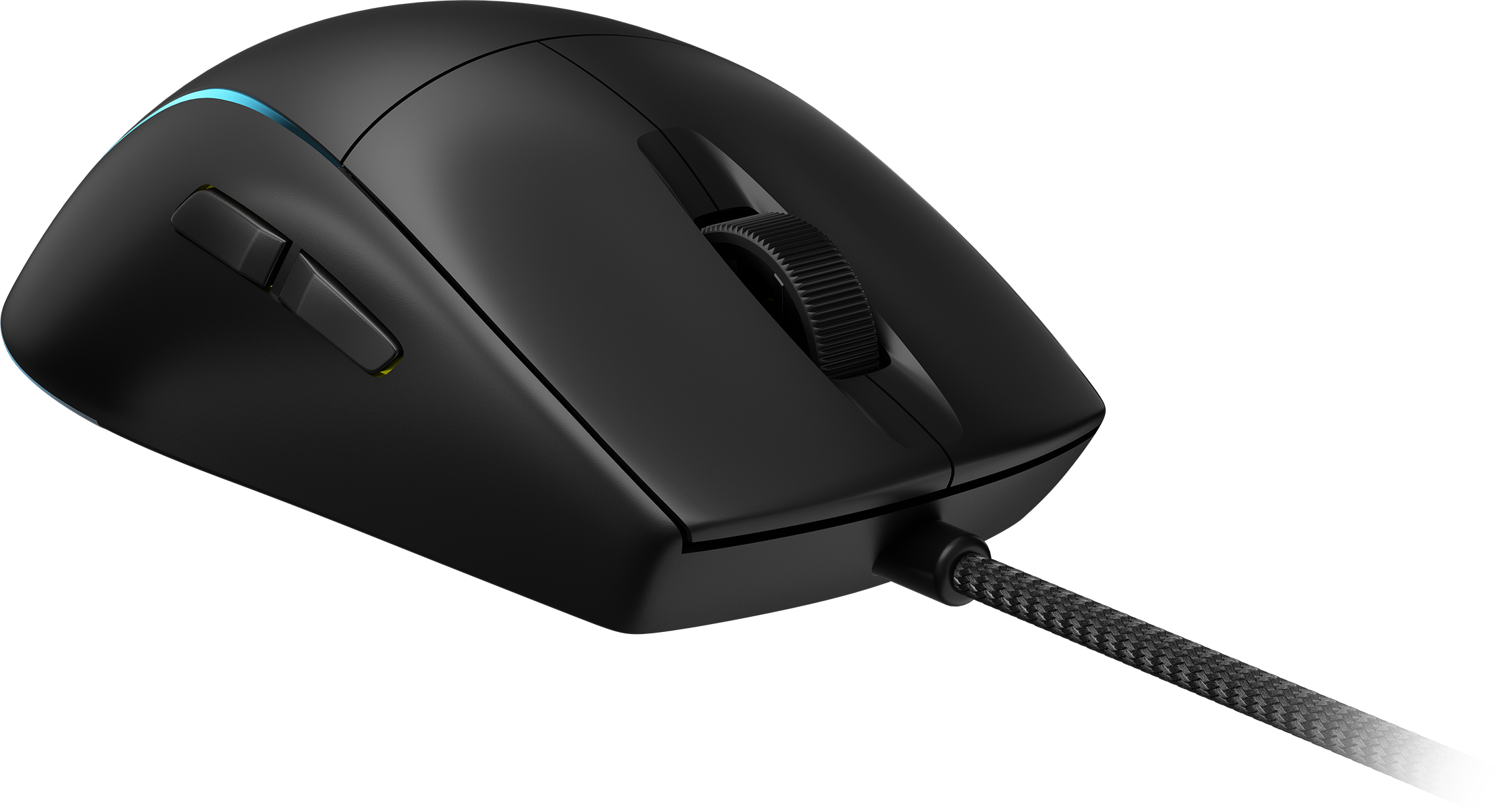 Schwarze Gaming-Maus mit Kabel und Scrollrad.